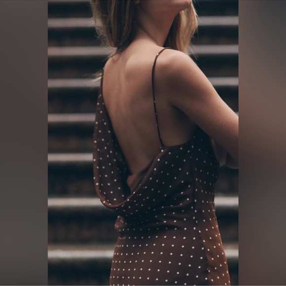 ZARA Brown Draped Neck Polka Dot Maxi Dress - Picture 7 of 15